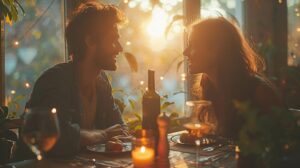 Romantic couple enjoying a candlelit dinner